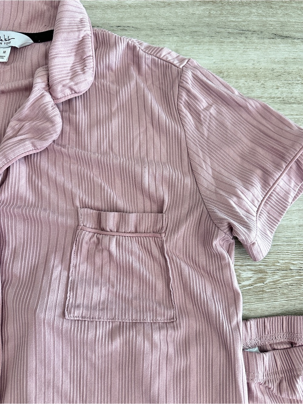 Nicole Miller New York Ribbed Pajama Set Pink Button Up Wide Leg Pants M - Picture 6 of 15